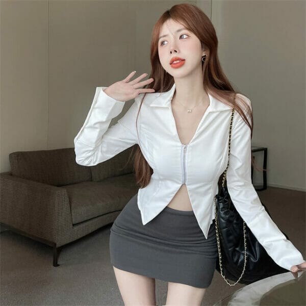 Korea OL Shirt Collar Zipper V-neck Slim Short Blouse 4