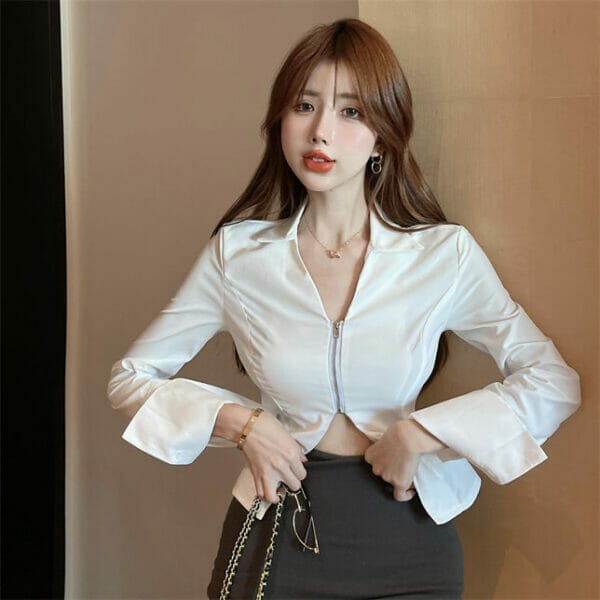 Korea OL Shirt Collar Zipper V-neck Slim Short Blouse 2