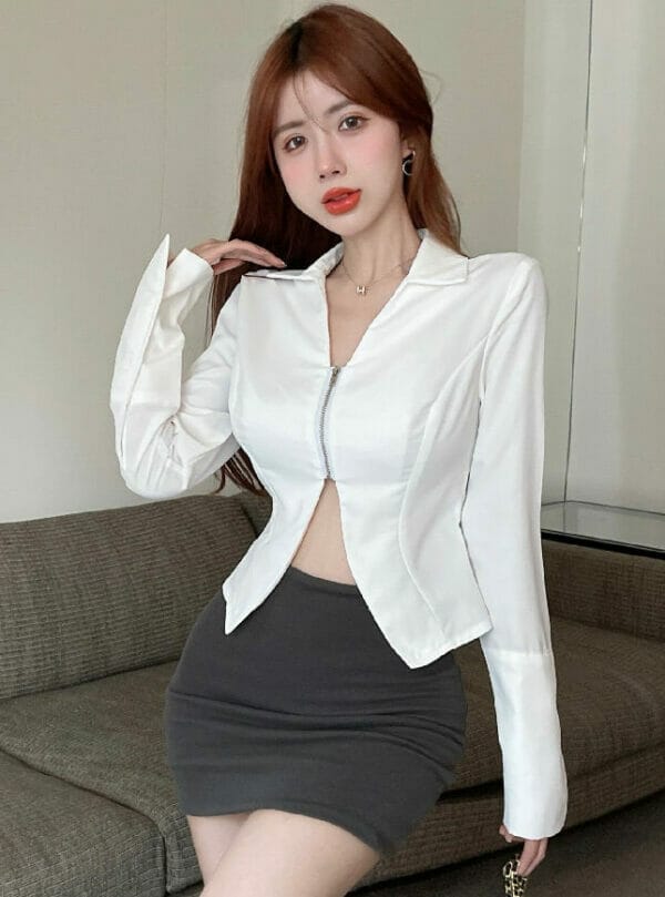 Korea OL Shirt Collar Zipper V-neck Slim Short Blouse 1