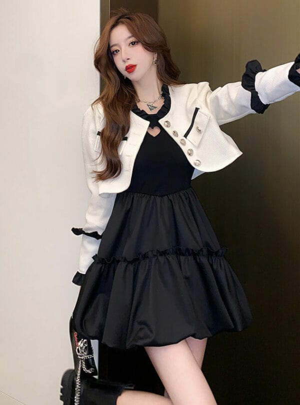 Korea OL Single-breasted Short Coat with Flouncing A-line Dress 3