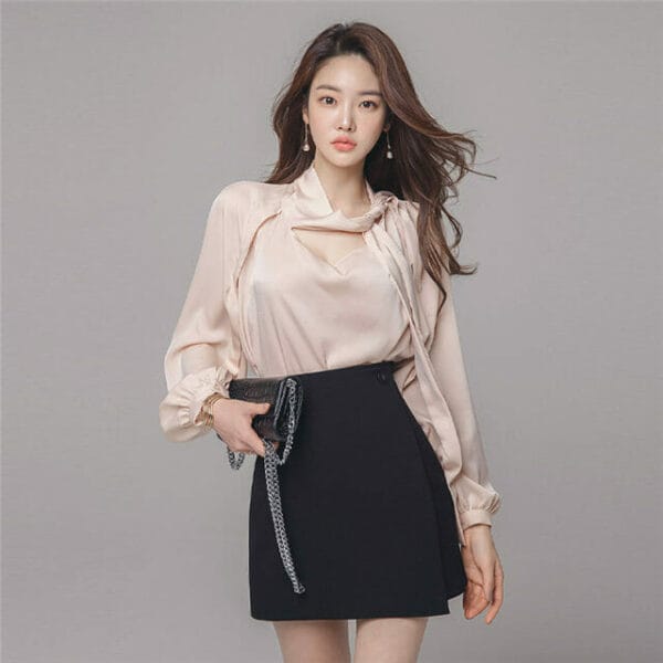 Korea OL Tie Collar Puff Sleeve Blouse with Short Skirt 2