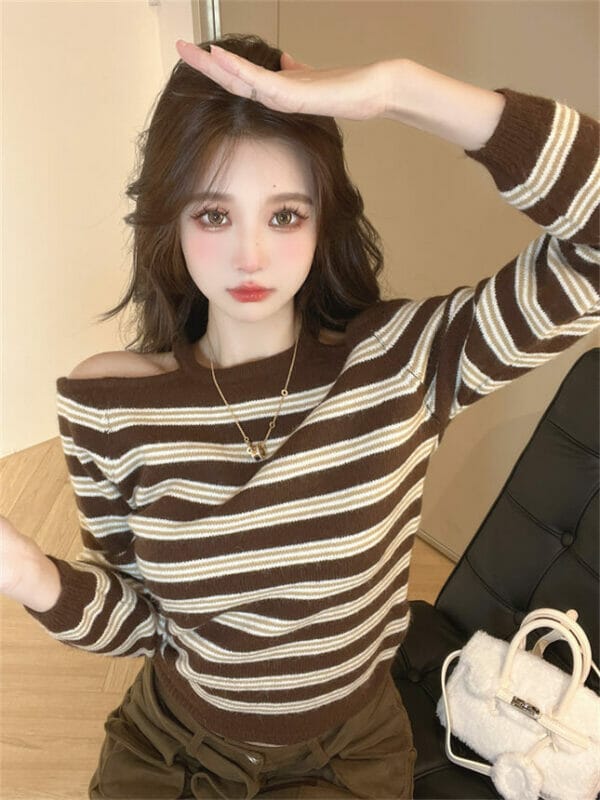 Korea Off Shoulder Stripes Knitting T-shirts 5