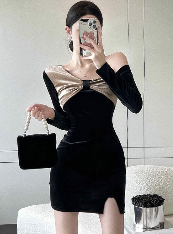 Korea Off Shoulder Velvet Slim Long Sleeve Dress 1