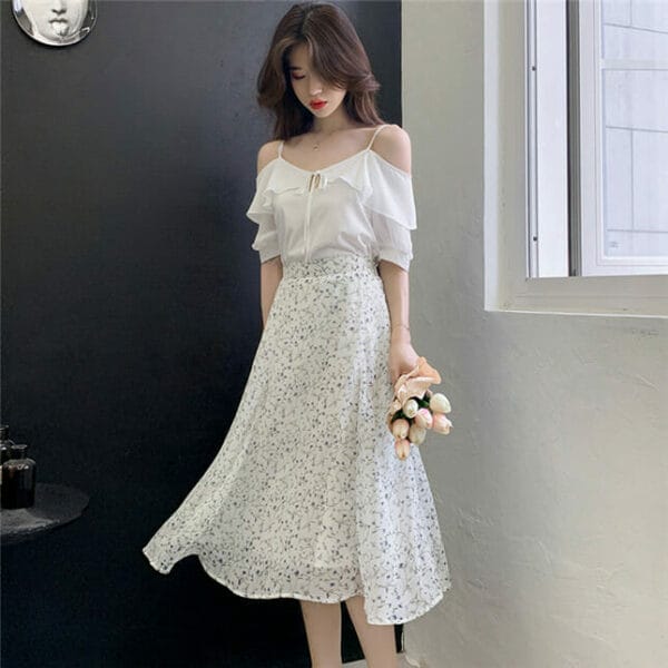 Korea Partysu Off Shoulder Blouse with Flowers Long Skirt 4