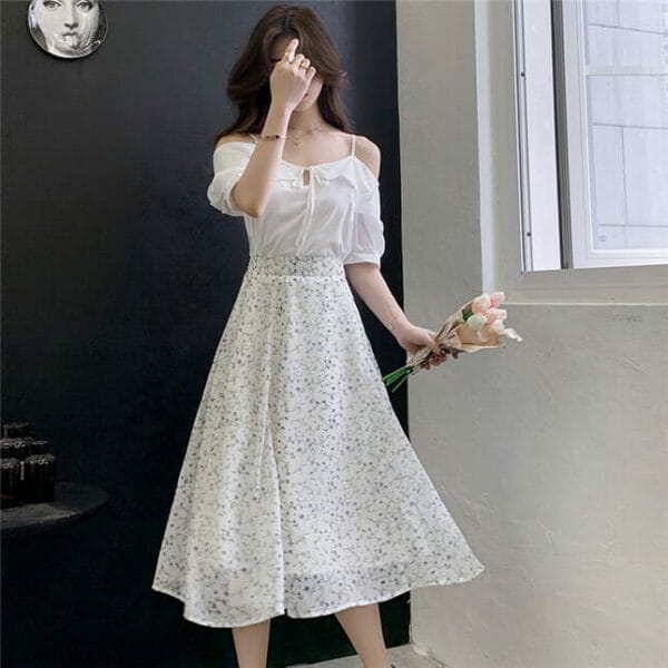 Korea Partysu Off Shoulder Blouse with Flowers Long Skirt 3