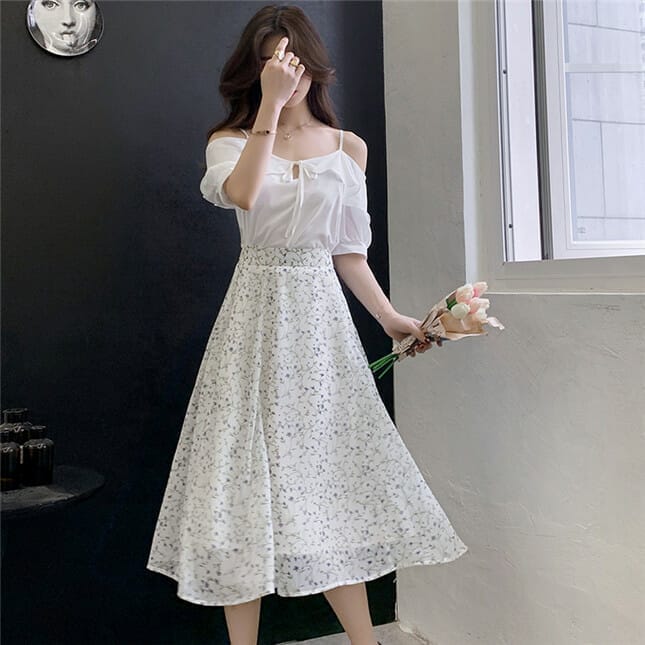 Korea Partysu Off Shoulder Blouse With Flowers Long Skirt Seoulinspired