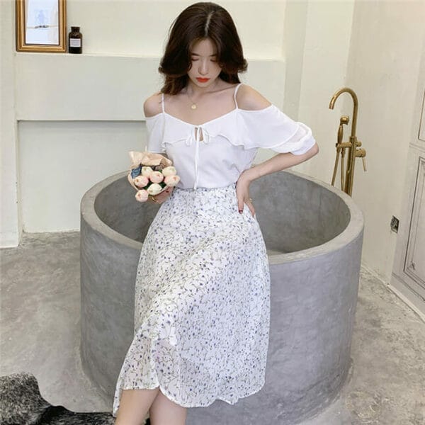 Korea Partysu Off Shoulder Blouse with Flowers Long Skirt 2