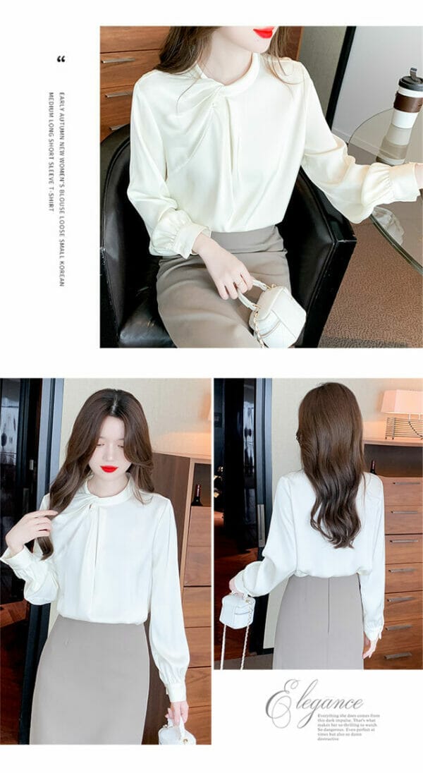 Korea Pleated Round Neck Puff Sleeve Blouse 6