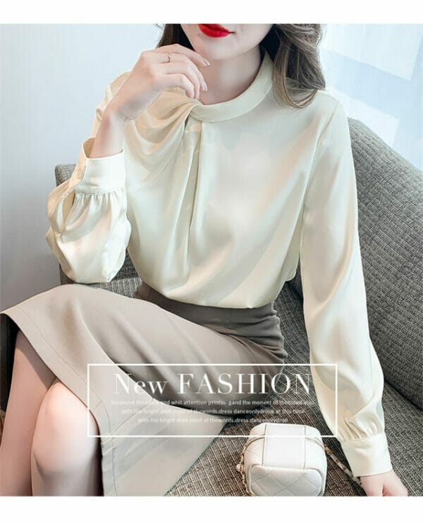 Korea Pleated Round Neck Puff Sleeve Blouse 4