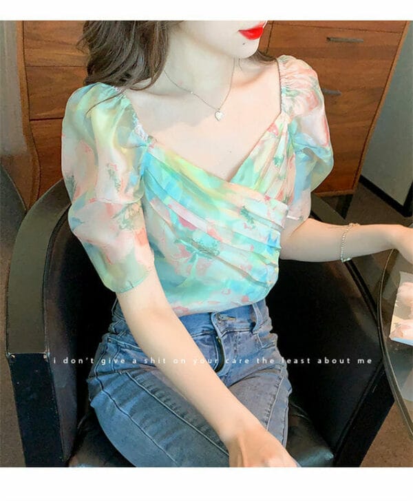 Korea Pleated V-neck Flowers Puff Sleeve Blouse 4