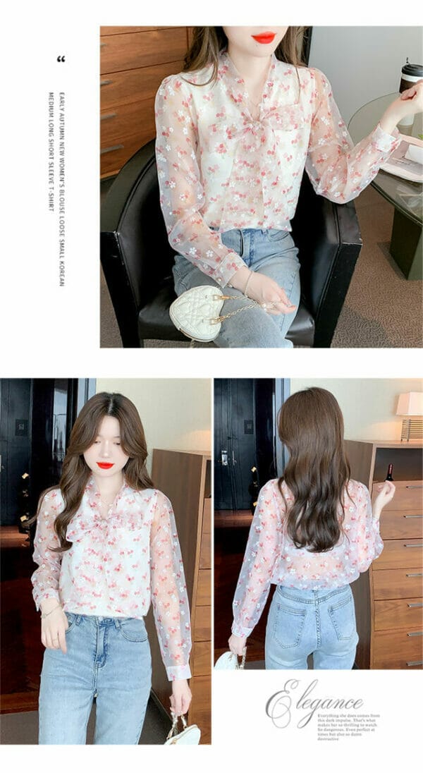 Korea Pretty Gauze Tie Collar Flowers Puff Sleeve Blouse 6