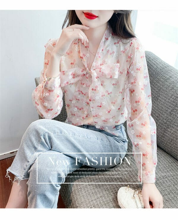 Korea Pretty Gauze Tie Collar Flowers Puff Sleeve Blouse 3