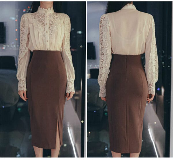 Korea Retro Flowers Lace Blouse with Split Skinny Long Skirt 5