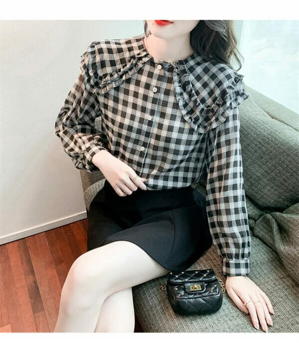 Korea Retro Layered Doll Collar Plaids Chiffon Blouse 5