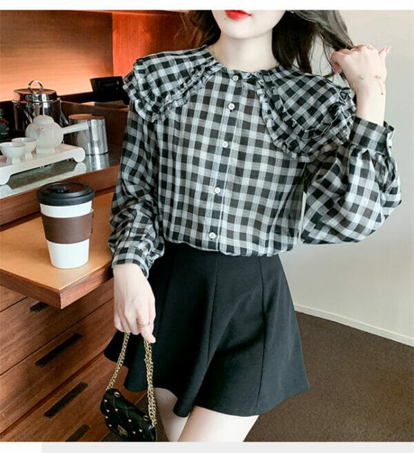 Korea Retro Layered Doll Collar Plaids Chiffon Blouse 4