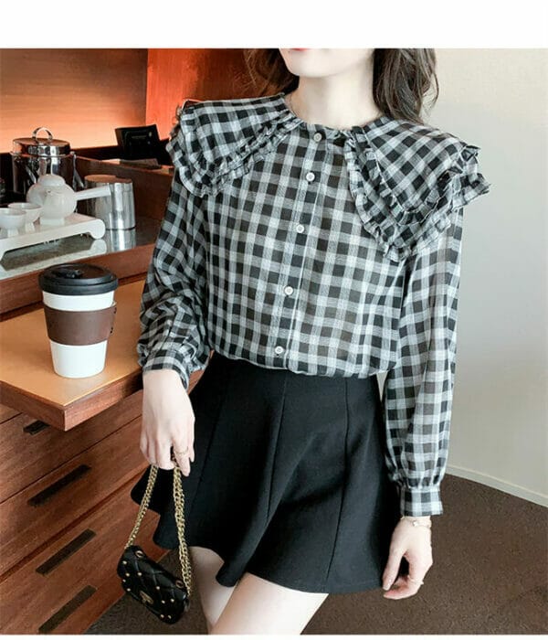 Korea Retro Layered Doll Collar Plaids Chiffon Blouse 2