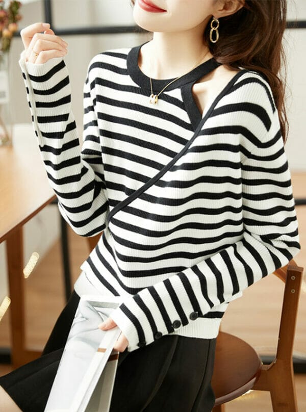 Korea Round Neck Off Shoulder Stripes Knit T-shirt 5