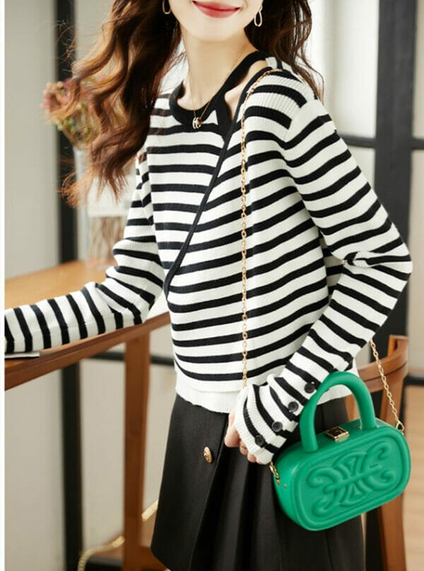 Korea Round Neck Off Shoulder Stripes Knit T-shirt 4