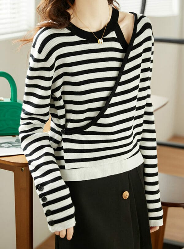 Korea Round Neck Off Shoulder Stripes Knit T-shirt 3