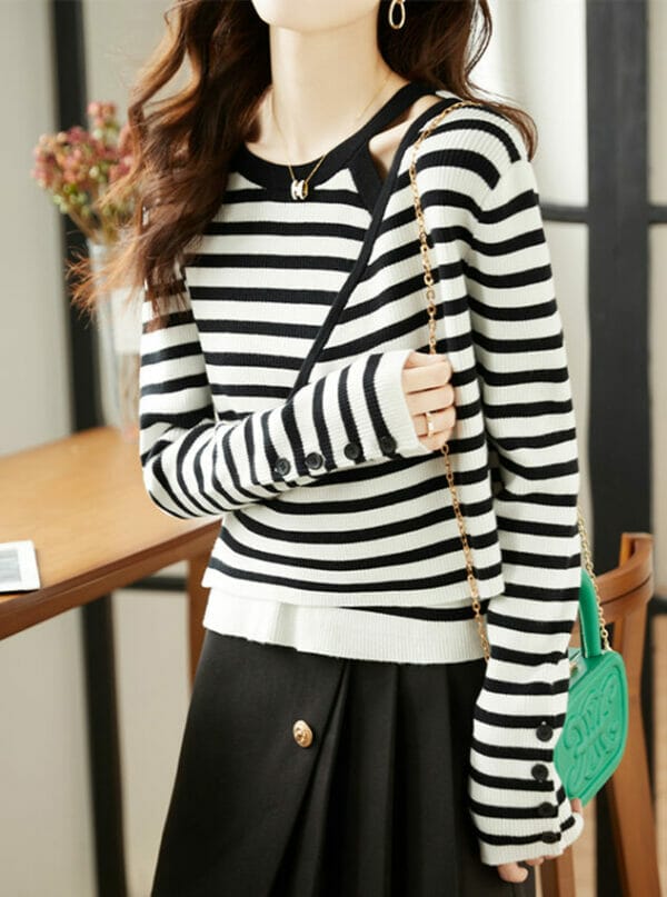 Korea Round Neck Off Shoulder Stripes Knit T-shirt 2