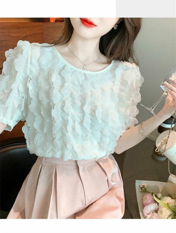 Korea Round Neck Petals Round Neck Lace Blouse 5