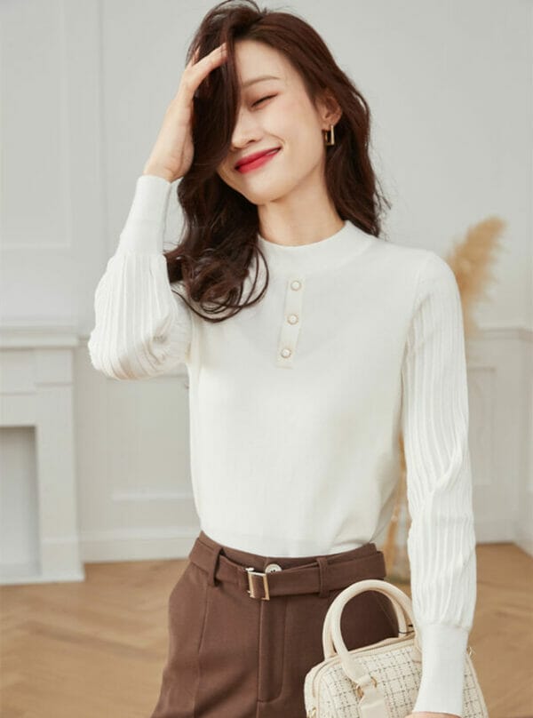 Korea Round Neck Puff Sleeve Knitting T-shirts 3