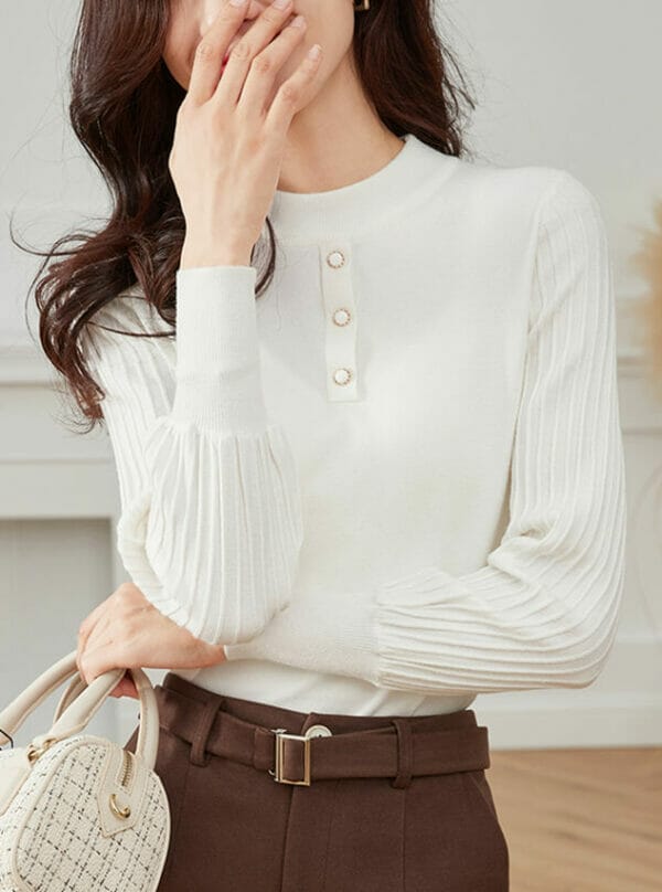 Korea Round Neck Puff Sleeve Knitting T-shirts 2