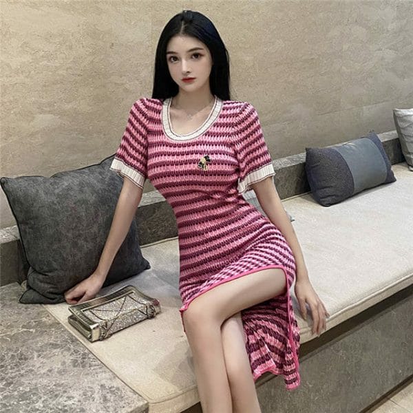 Korea Round Neck Stripes Slim Knitting Dress 4