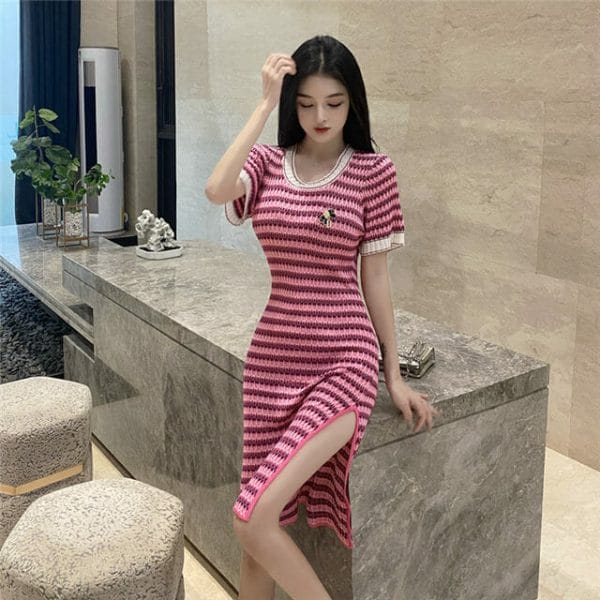 Korea Round Neck Stripes Slim Knitting Dress 3