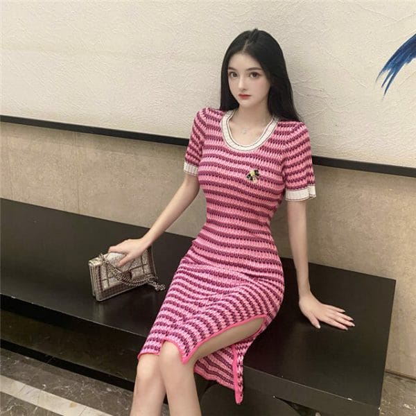 Korea Round Neck Stripes Slim Knitting Dress 2