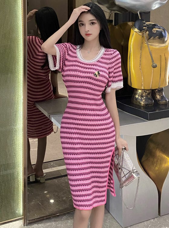 Korea Round Neck Stripes Slim Knitting Dress 1