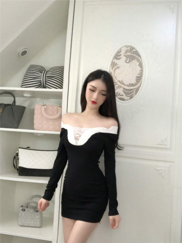 Korea Sexy 2 Colors Lace Boat Neck Skinny Women Dress 5