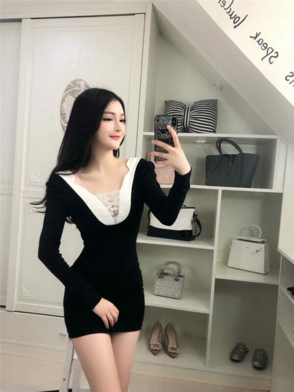 Korea Sexy 2 Colors Lace Boat Neck Skinny Women Dress 4