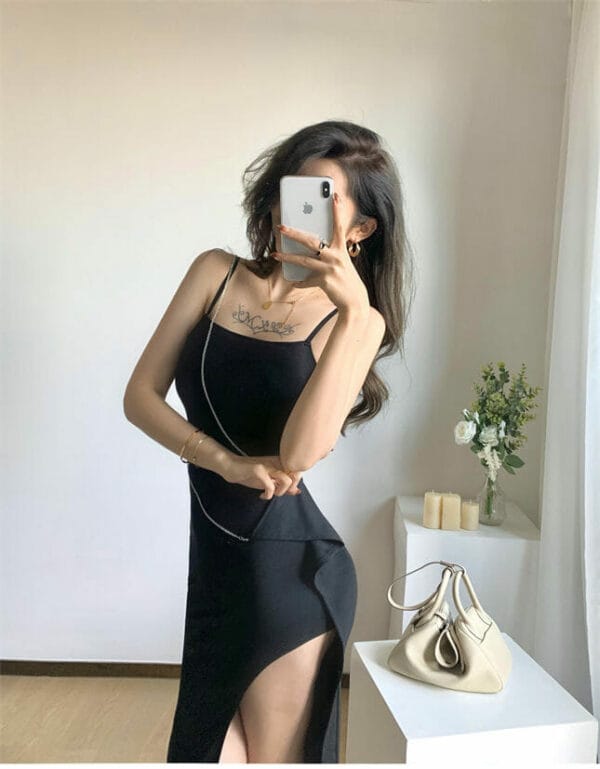 Korea Sexy Chain Decoration Pleated Split Straps Dress 4