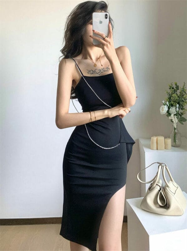 Korea Sexy Chain Decoration Pleated Split Straps Dress 1