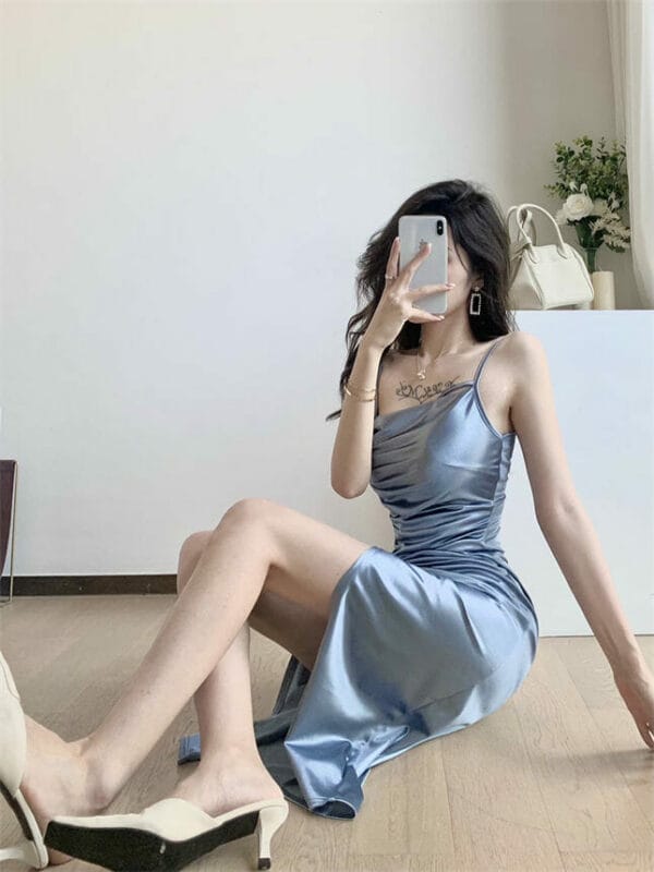 Korea Sexy Fitted Waist Split Pleated Straps Bodycon Dress 5