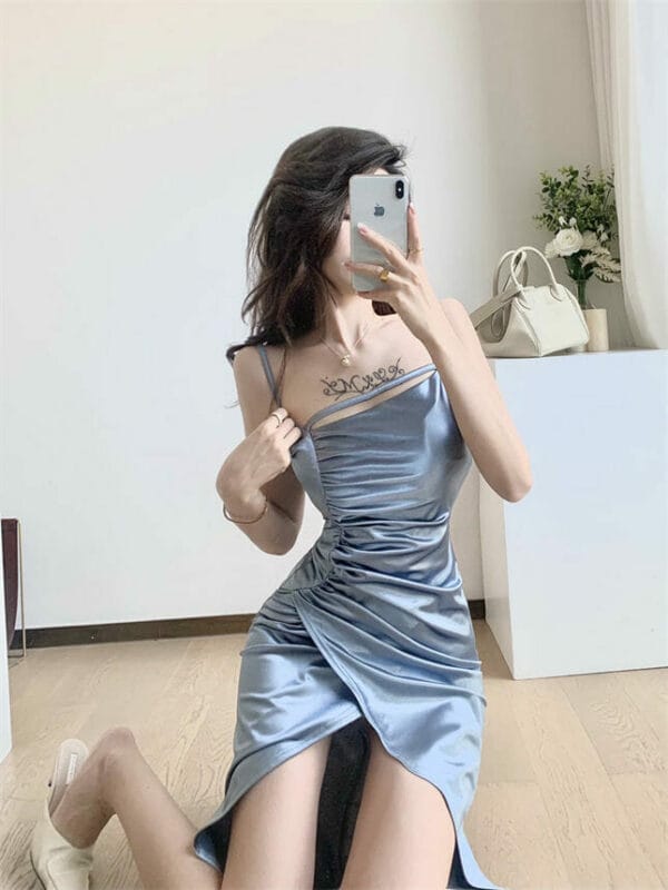 Korea Sexy Fitted Waist Split Pleated Straps Bodycon Dress 3