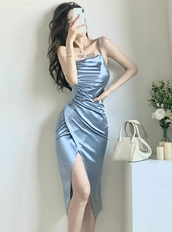 Korea Sexy Fitted Waist Split Pleated Straps Bodycon Dress 1