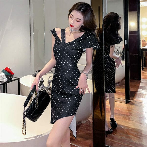 Korea Sexy V-neck Off Shoulder Dots Bodycon Dress 5