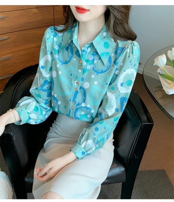 Korea Shirt Collar Buttons Open Flowers Blouse 4