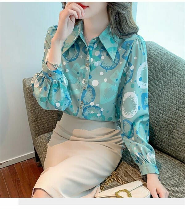 Korea Shirt Collar Buttons Open Flowers Blouse 3