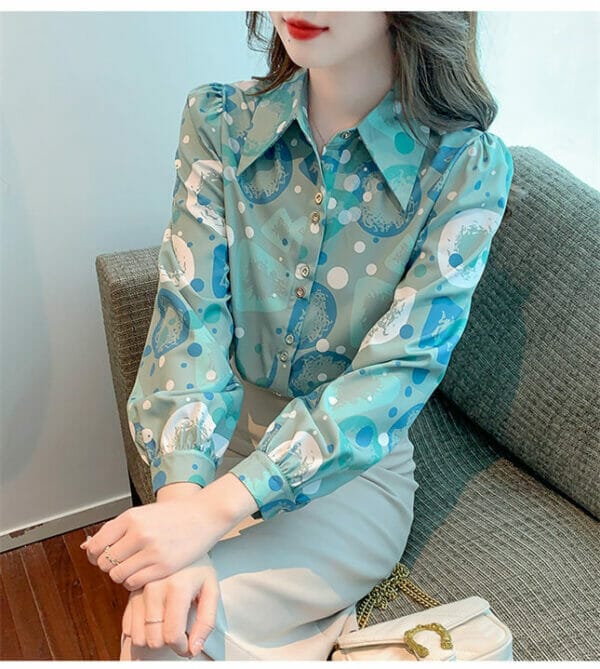 Korea Shirt Collar Buttons Open Flowers Blouse 2