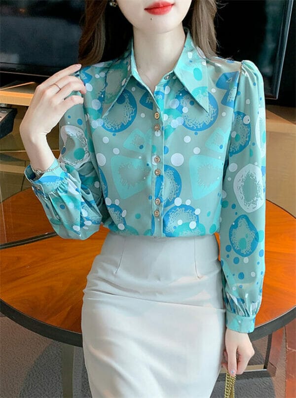 Korea Shirt Collar Buttons Open Flowers Blouse 1