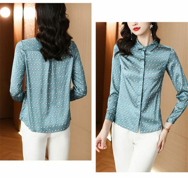 Korea Shirt Collar Plaids Silk Long Sleeve Blouse 5