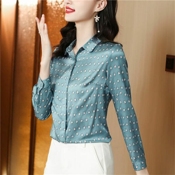 Korea Shirt Collar Plaids Silk Long Sleeve Blouse 4