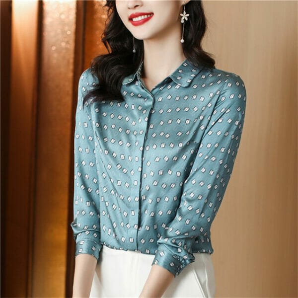 Korea Shirt Collar Plaids Silk Long Sleeve Blouse 3