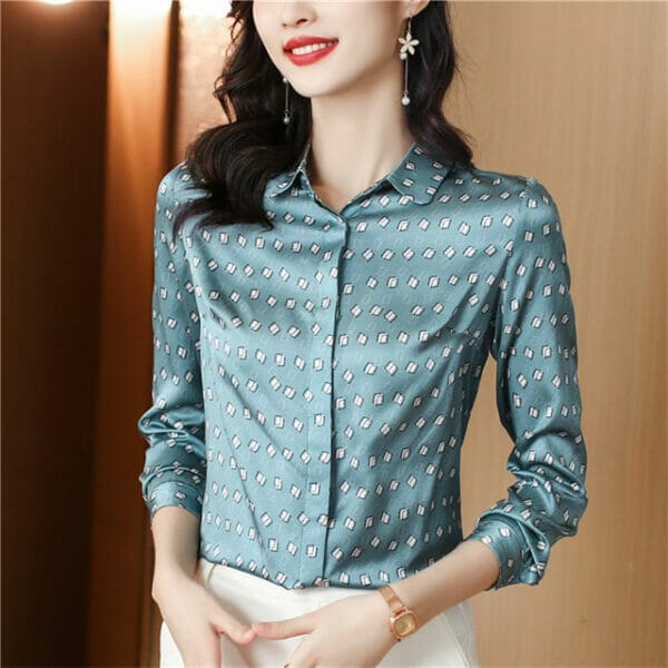Korea Shirt Collar Plaids Silk Long Sleeve Blouse 2