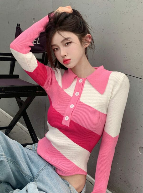 Korea Shirt Collar Stripes One-piece Knitting T-shirt 3