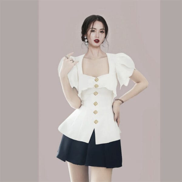 Korea Single-breasted Puff Sleeve Blouse with Pleated Skirt 3