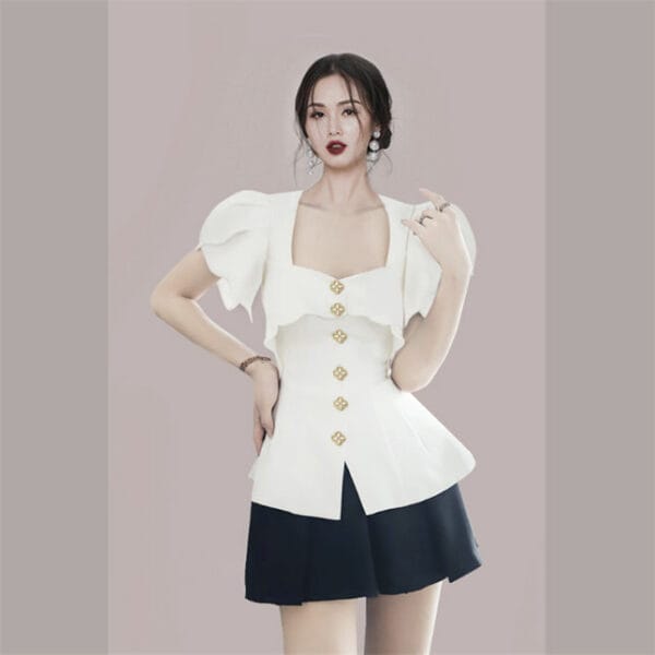 Korea Single-breasted Puff Sleeve Blouse with Pleated Skirt 2